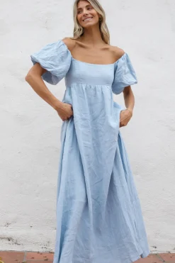 Fashion Worth Collective Candace Maxi Dress in Light Blue - 100% Linen - Bump Friendly (Low Sto