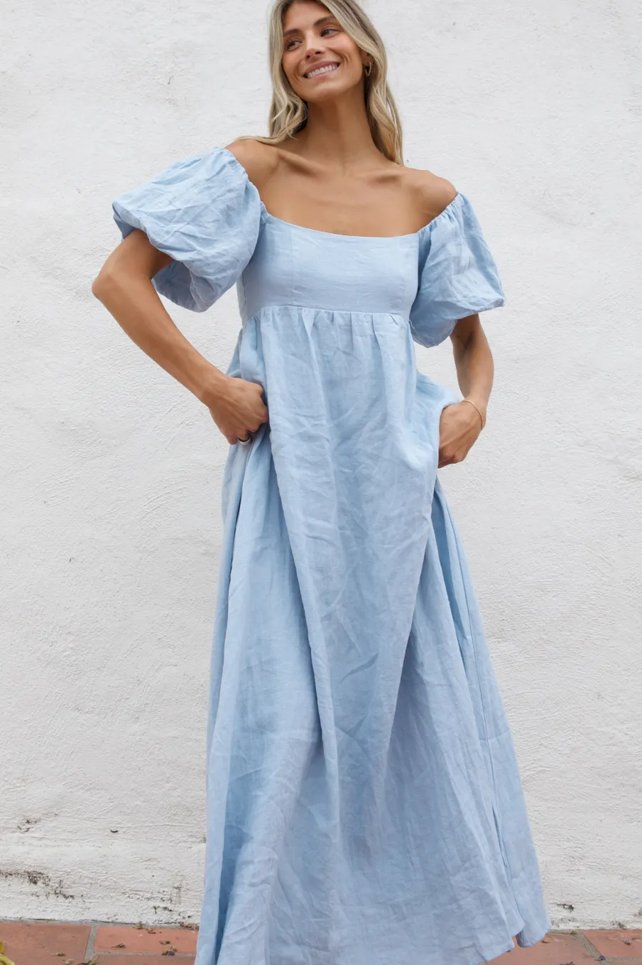 Fashion Worth Collective Candace Maxi Dress in Light Blue - 100% Linen - Bump Friendly (Low Sto