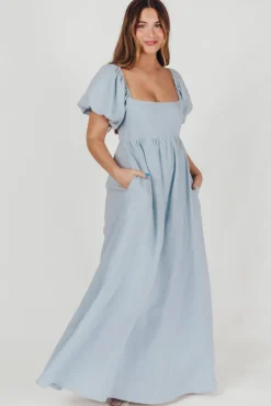 Fashion Worth Collective Candace Maxi Dress in Light Blue - 100% Linen - Bump Friendly (Low Sto