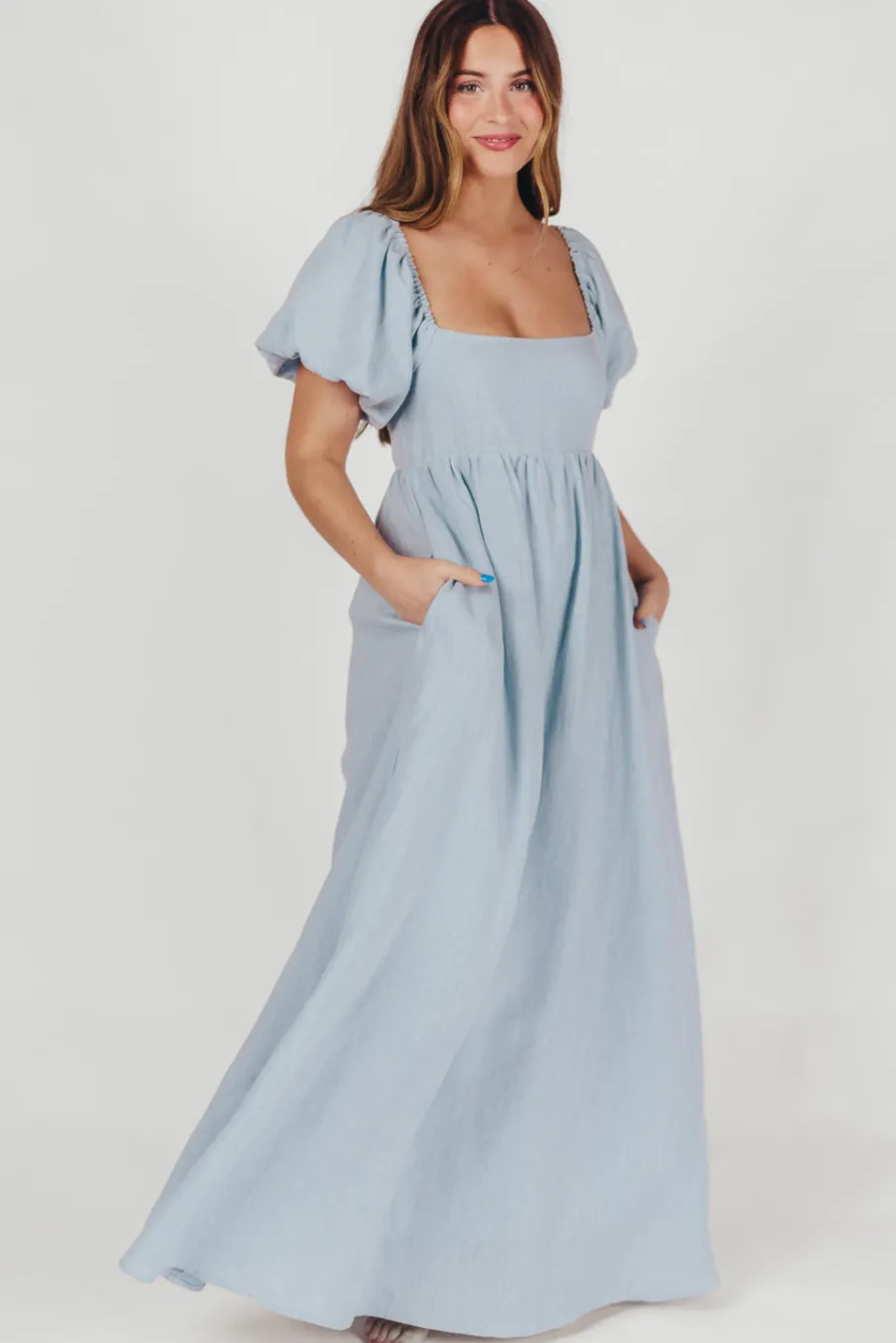 Fashion Worth Collective Candace Maxi Dress in Light Blue - 100% Linen - Bump Friendly (Low Sto