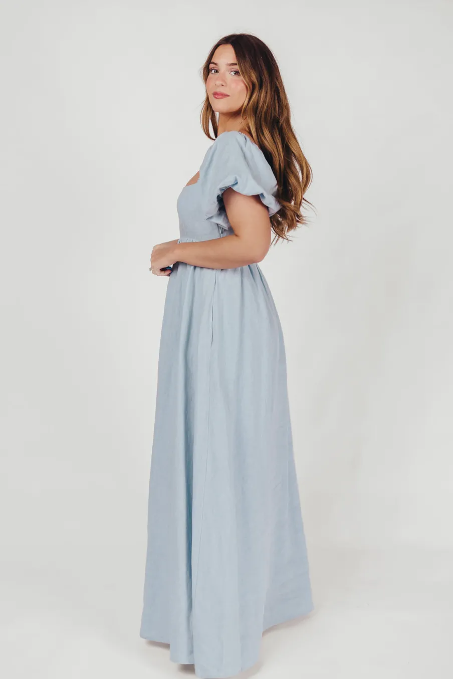 Fashion Worth Collective Candace Maxi Dress in Light Blue - 100% Linen - Bump Friendly (Low Sto