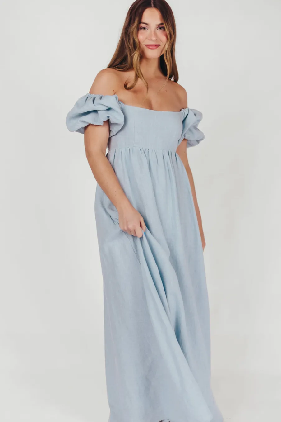 Fashion Worth Collective Candace Maxi Dress in Light Blue - 100% Linen - Bump Friendly (Low Sto