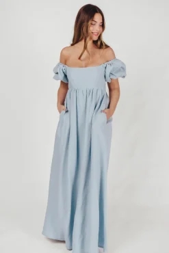 Fashion Worth Collective Candace Maxi Dress in Light Blue - 100% Linen - Bump Friendly (Low Sto