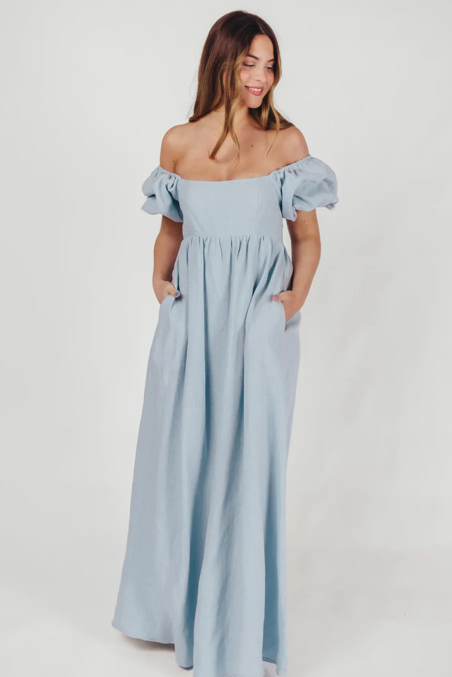 Fashion Worth Collective Candace Maxi Dress in Light Blue - 100% Linen - Bump Friendly (Low Sto