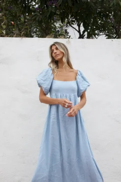 Fashion Worth Collective Candace Maxi Dress in Light Blue - 100% Linen - Bump Friendly (Low Sto