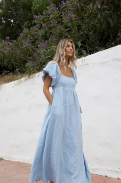 Fashion Worth Collective Candace Maxi Dress in Light Blue - 100% Linen - Bump Friendly (Low Sto