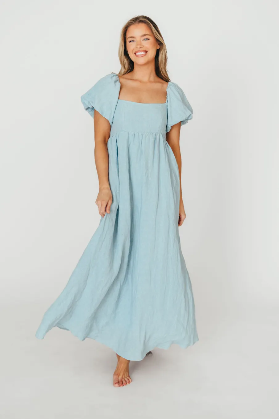 Fashion Worth Collective Candace Maxi Dress in Light Blue - 100% Linen - Bump Friendly (Low Sto
