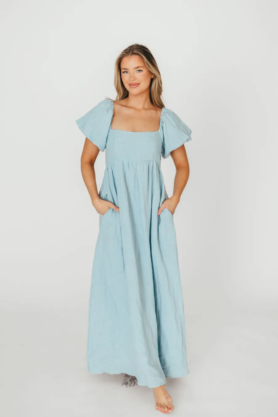 Fashion Worth Collective Candace Maxi Dress in Light Blue - 100% Linen - Bump Friendly (Low Sto