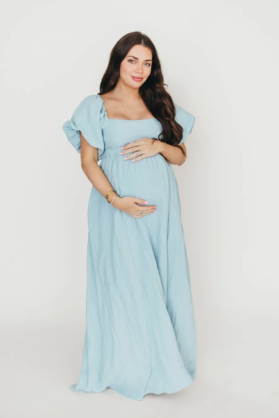 Fashion Worth Collective Candace Maxi Dress in Light Blue - 100% Linen - Bump Friendly (Low Sto