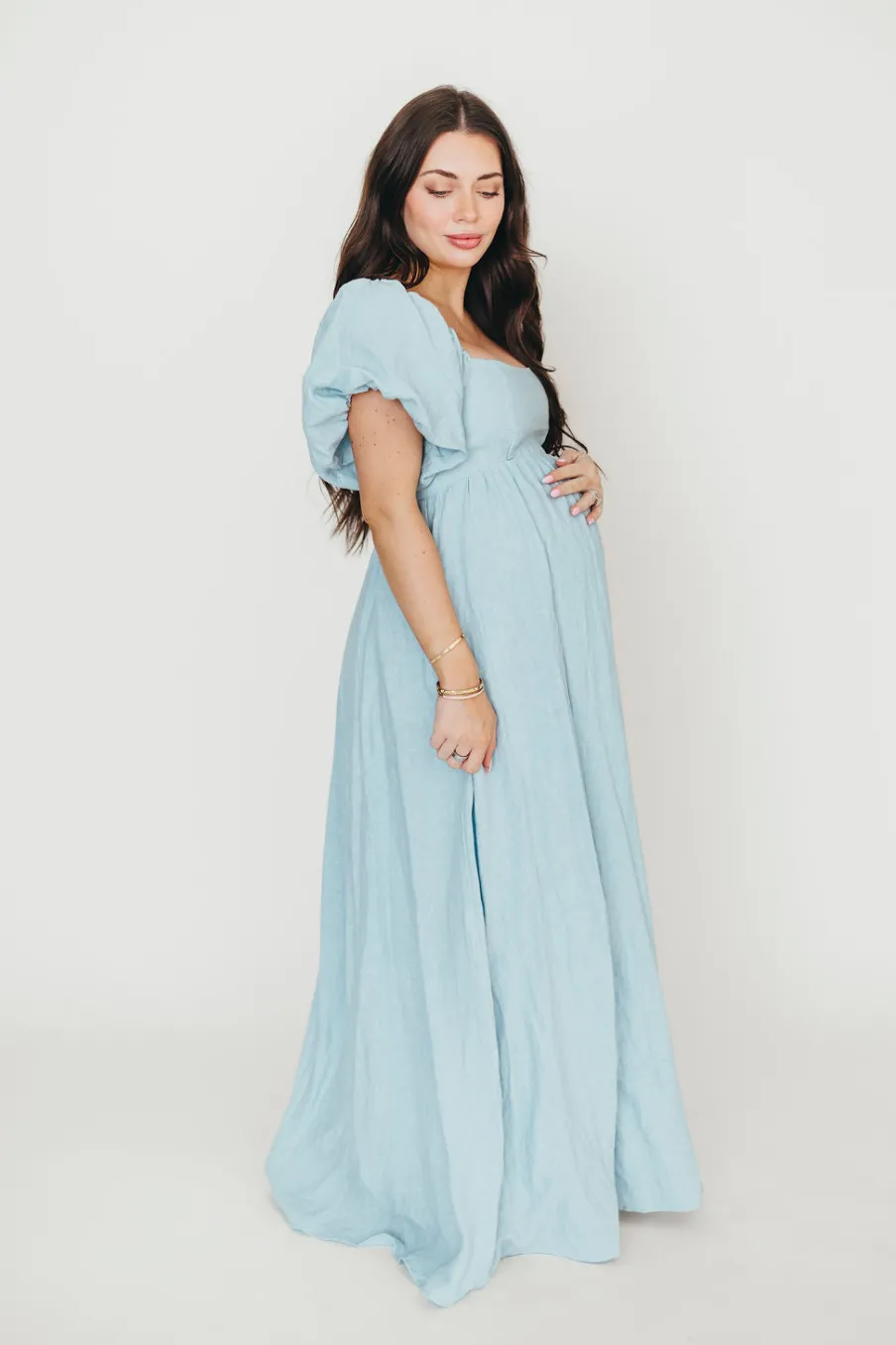Fashion Worth Collective Candace Maxi Dress in Light Blue - 100% Linen - Bump Friendly (Low Sto