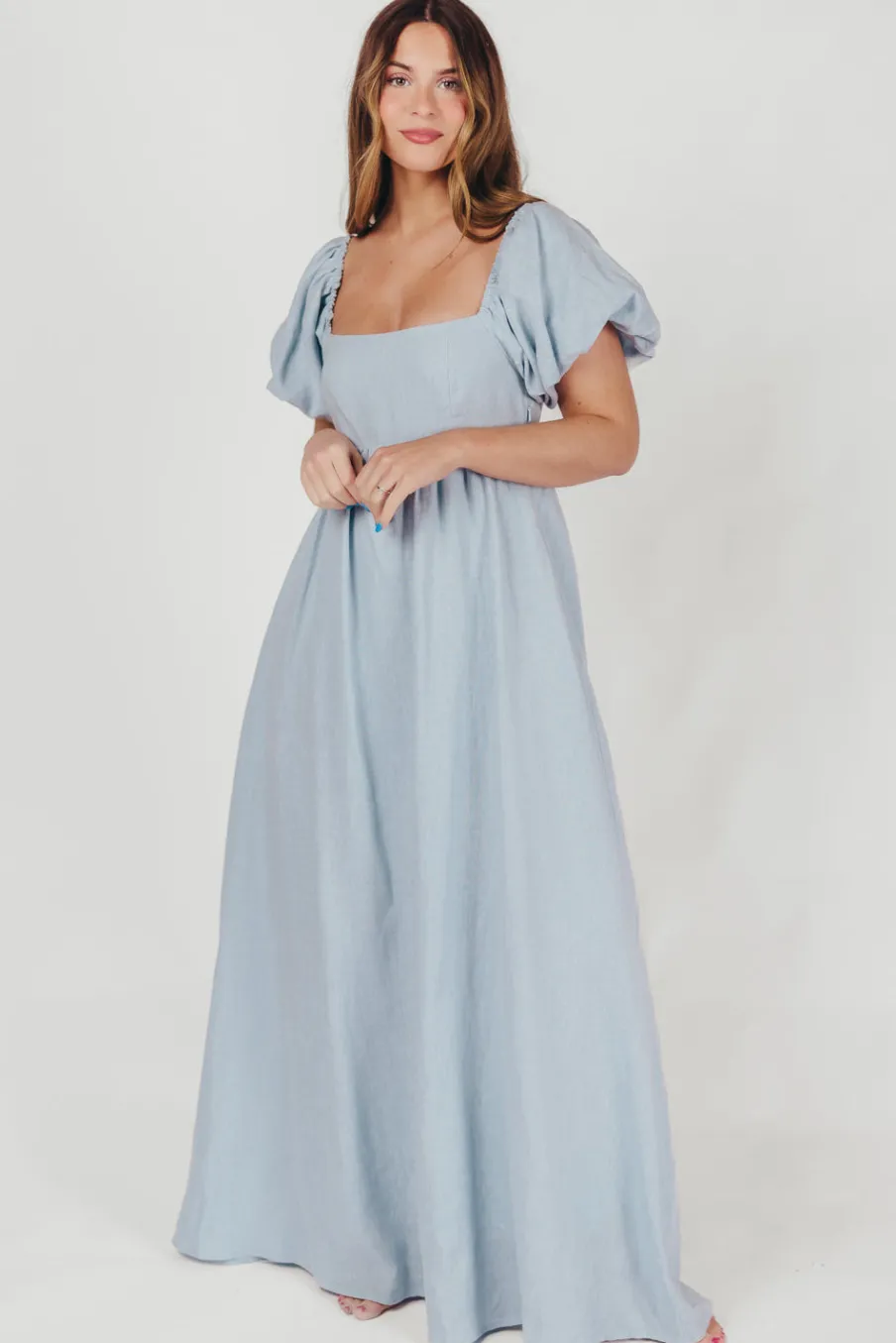 Fashion Worth Collective Candace Maxi Dress in Light Blue - 100% Linen - Bump Friendly (Low Sto