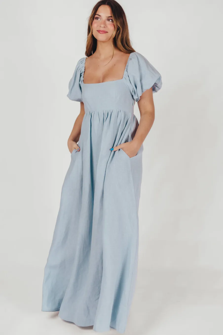 Fashion Worth Collective Candace Maxi Dress in Light Blue - 100% Linen - Bump Friendly (Low Sto