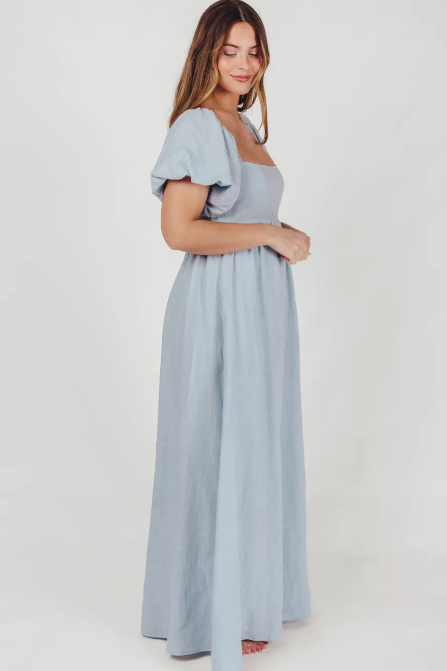Fashion Worth Collective Candace Maxi Dress in Light Blue - 100% Linen - Bump Friendly (Low Sto