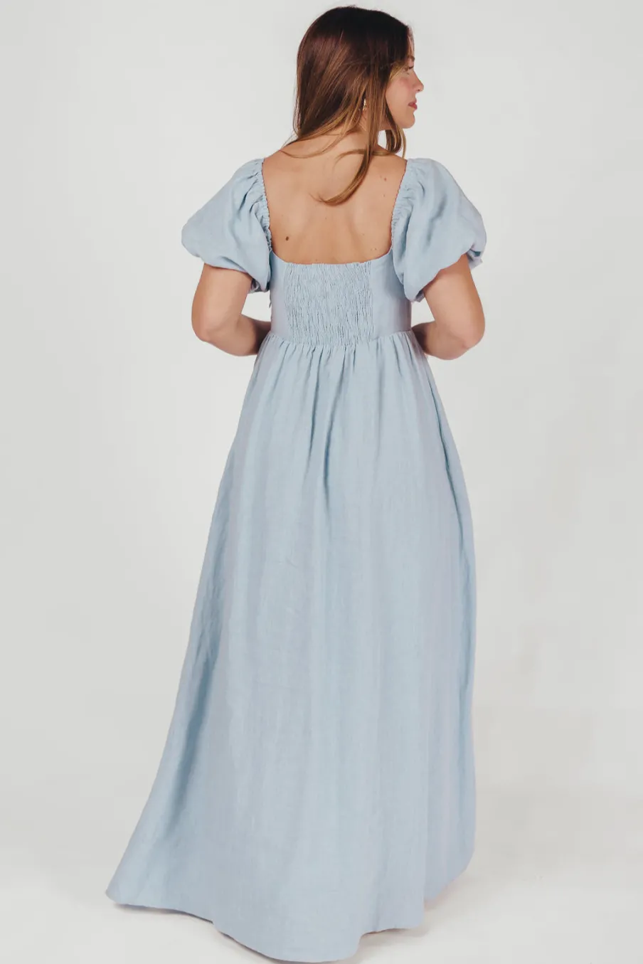 Fashion Worth Collective Candace Maxi Dress in Light Blue - 100% Linen - Bump Friendly (Low Sto