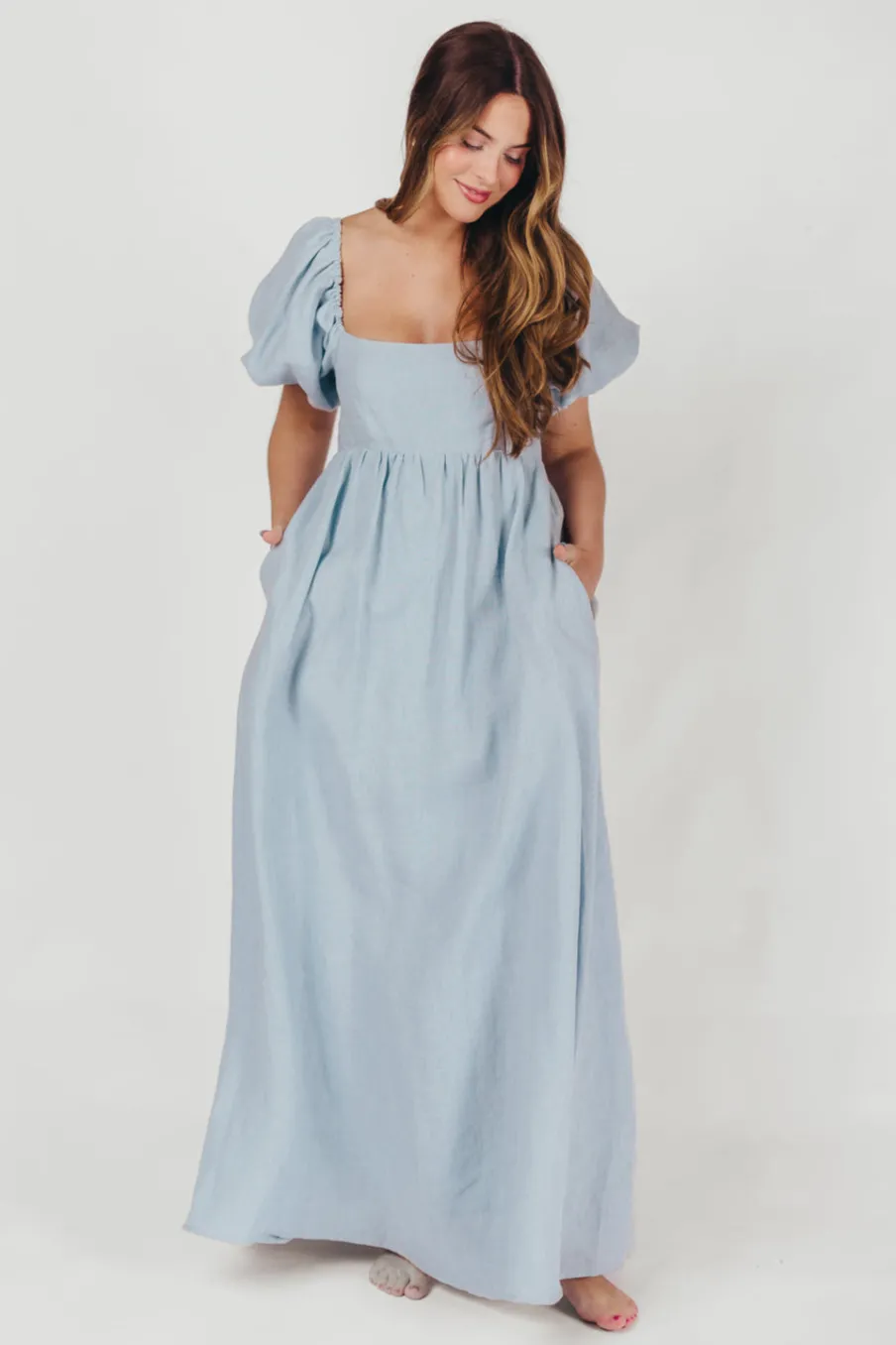 Fashion Worth Collective Candace Maxi Dress in Light Blue - 100% Linen - Bump Friendly (Low Sto