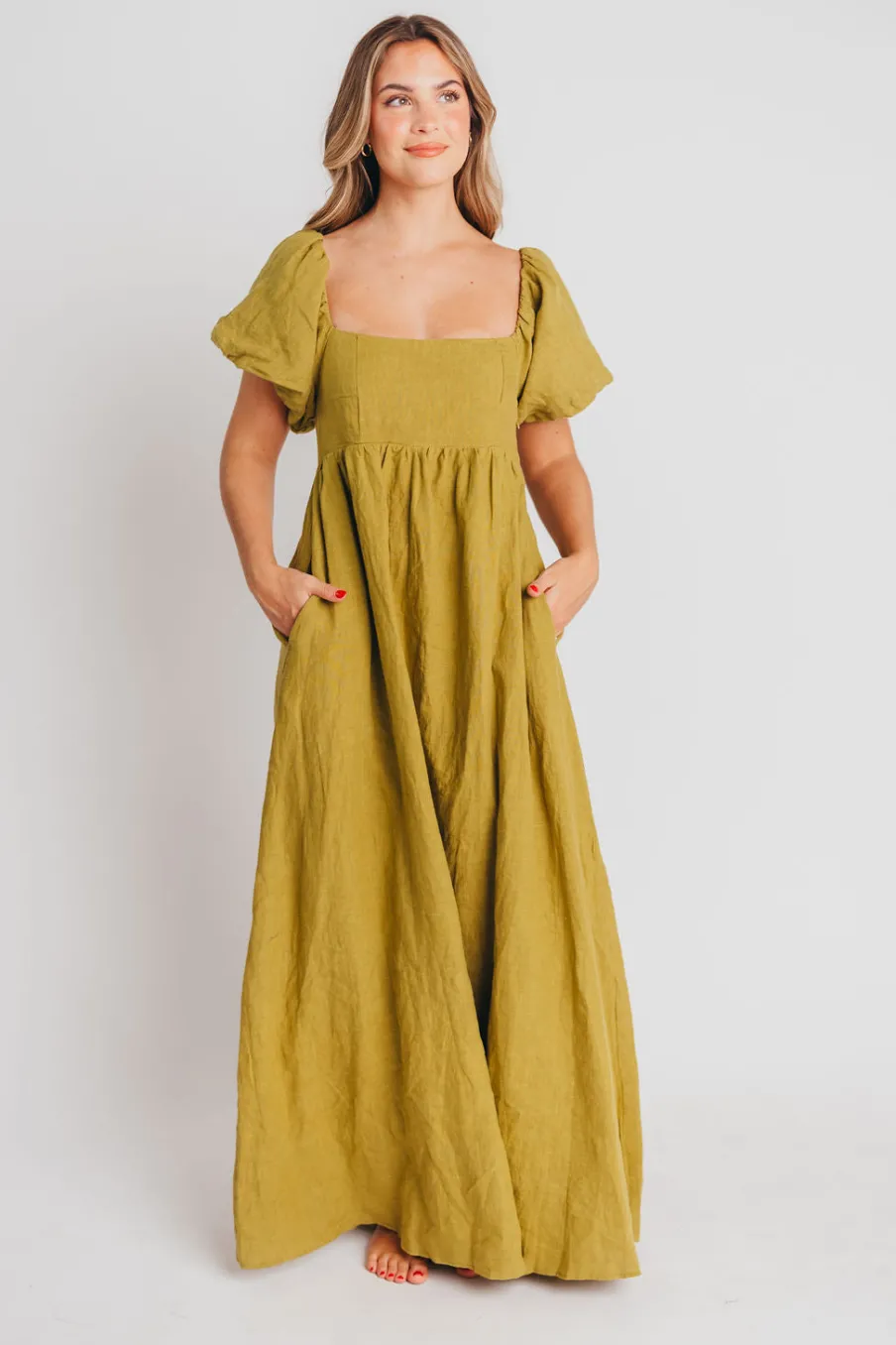 Hot Worth Collective Candace Maxi Dress in Olive - 100% Linen - Bump Friendly
