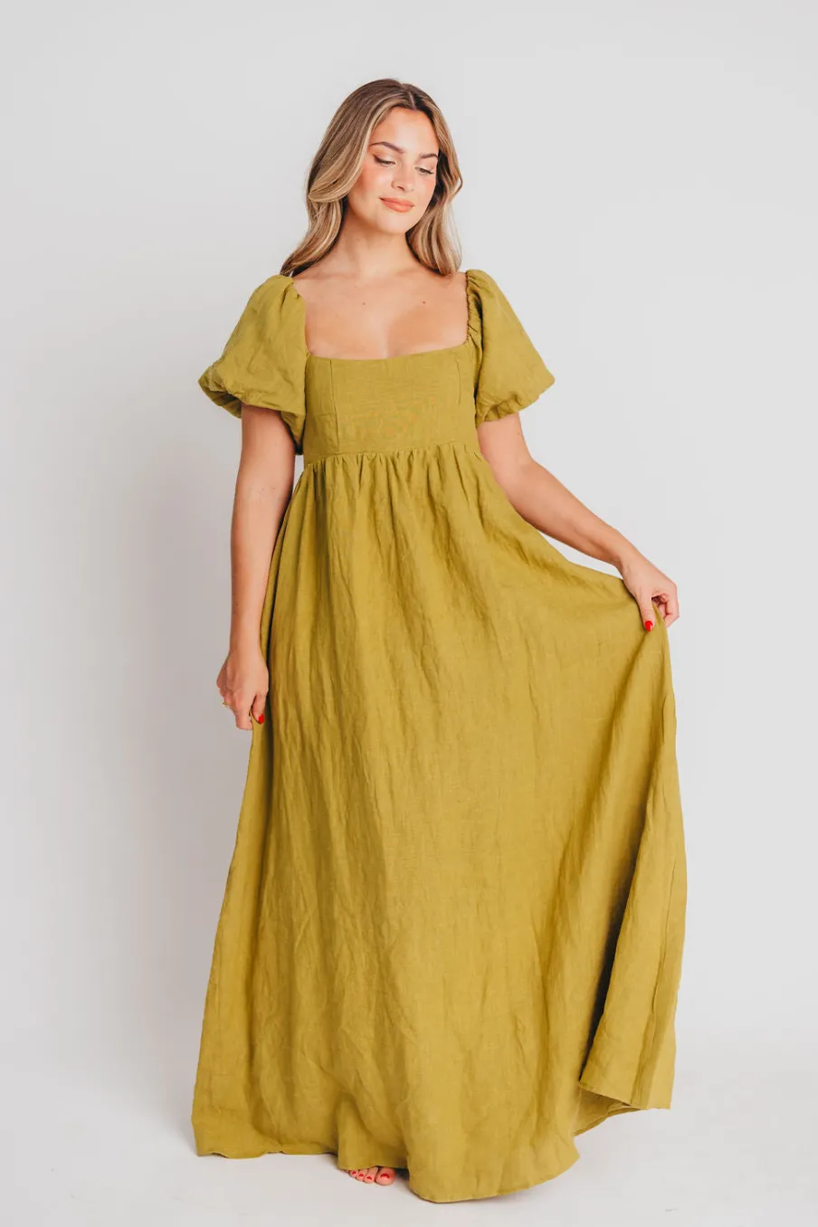 Hot Worth Collective Candace Maxi Dress in Olive - 100% Linen - Bump Friendly
