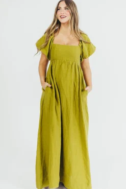 Hot Worth Collective Candace Maxi Dress in Olive - 100% Linen - Bump Friendly