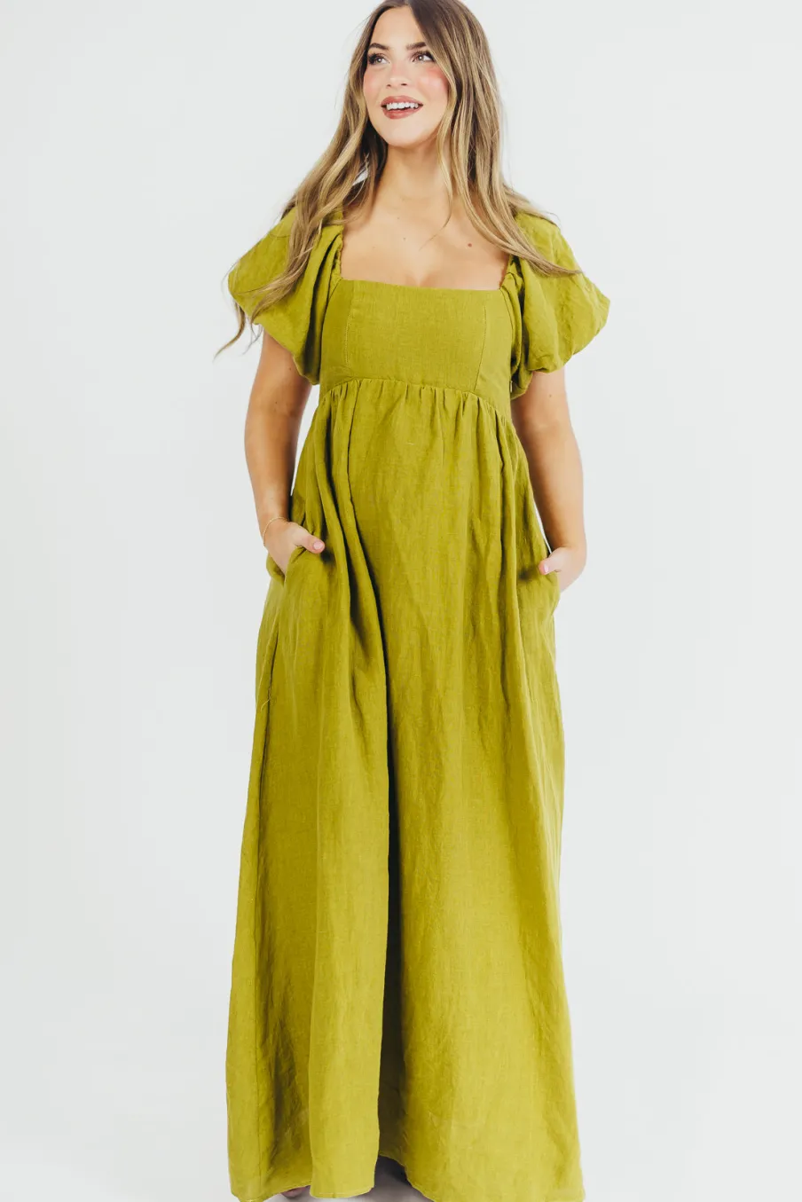 Hot Worth Collective Candace Maxi Dress in Olive - 100% Linen - Bump Friendly