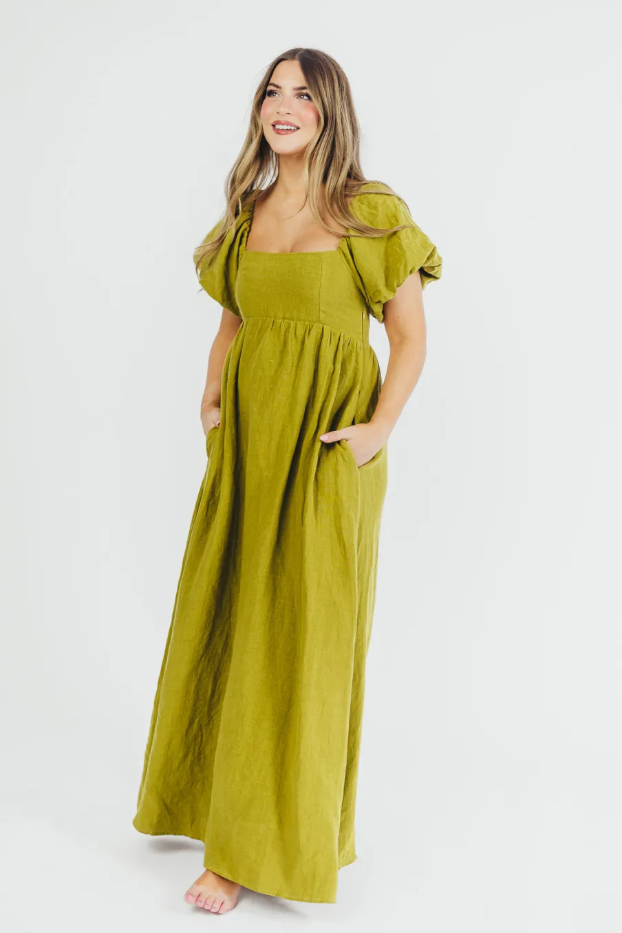 Hot Worth Collective Candace Maxi Dress in Olive - 100% Linen - Bump Friendly