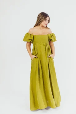 Hot Worth Collective Candace Maxi Dress in Olive - 100% Linen - Bump Friendly