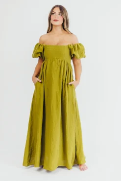 Hot Worth Collective Candace Maxi Dress in Olive - 100% Linen - Bump Friendly