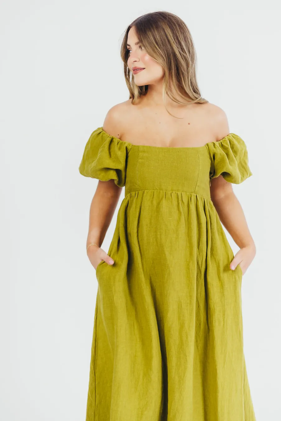 Hot Worth Collective Candace Maxi Dress in Olive - 100% Linen - Bump Friendly