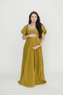 Hot Worth Collective Candace Maxi Dress in Olive - 100% Linen - Bump Friendly