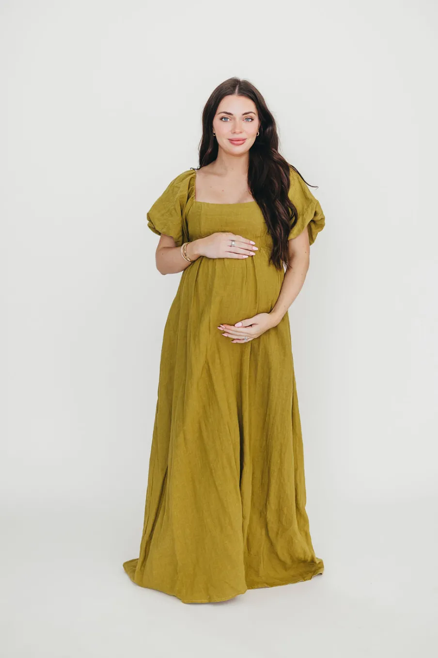 Hot Worth Collective Candace Maxi Dress in Olive - 100% Linen - Bump Friendly