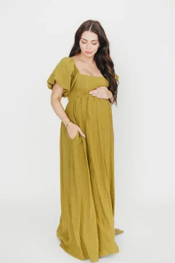Hot Worth Collective Candace Maxi Dress in Olive - 100% Linen - Bump Friendly