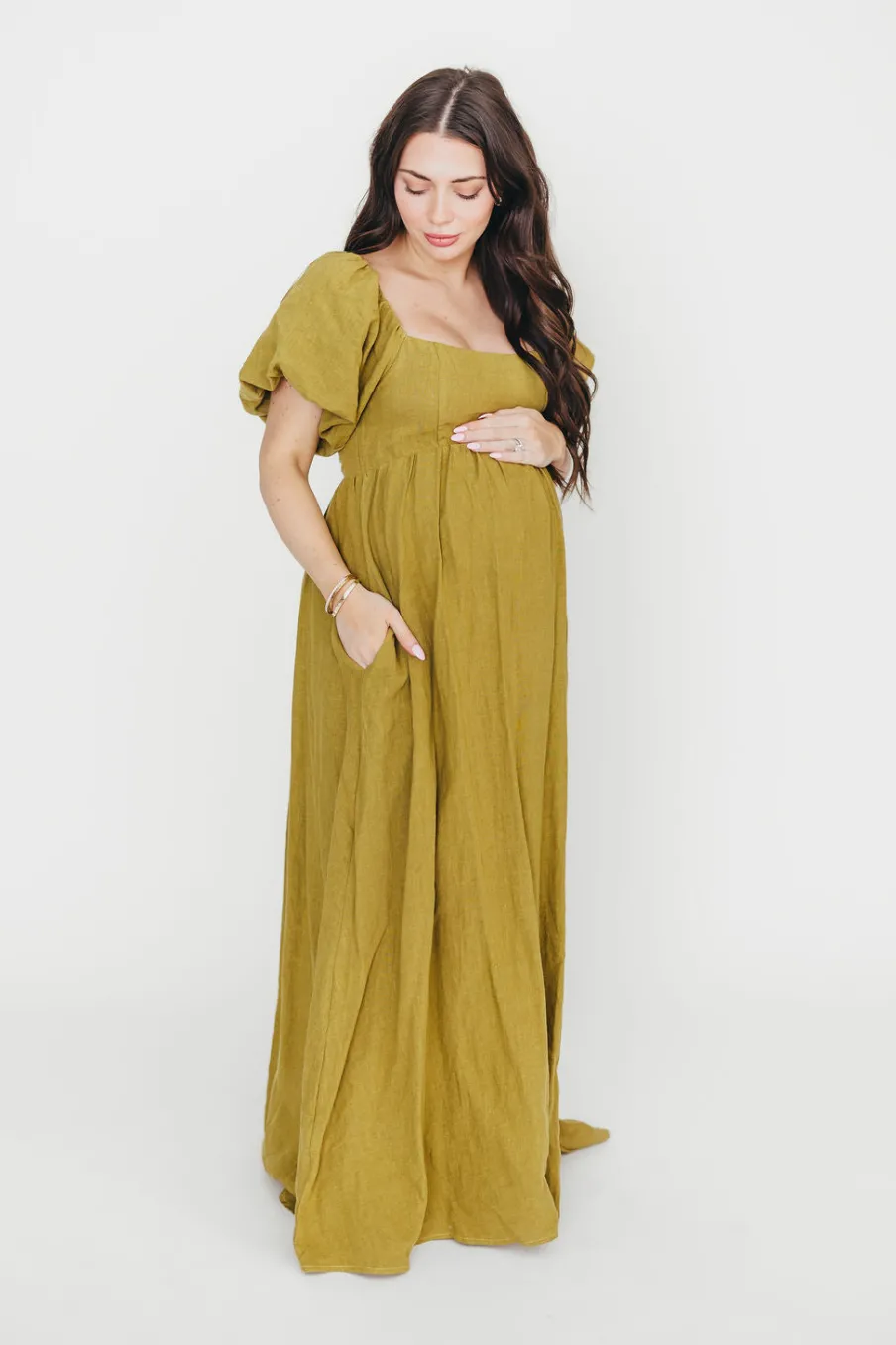 Hot Worth Collective Candace Maxi Dress in Olive - 100% Linen - Bump Friendly