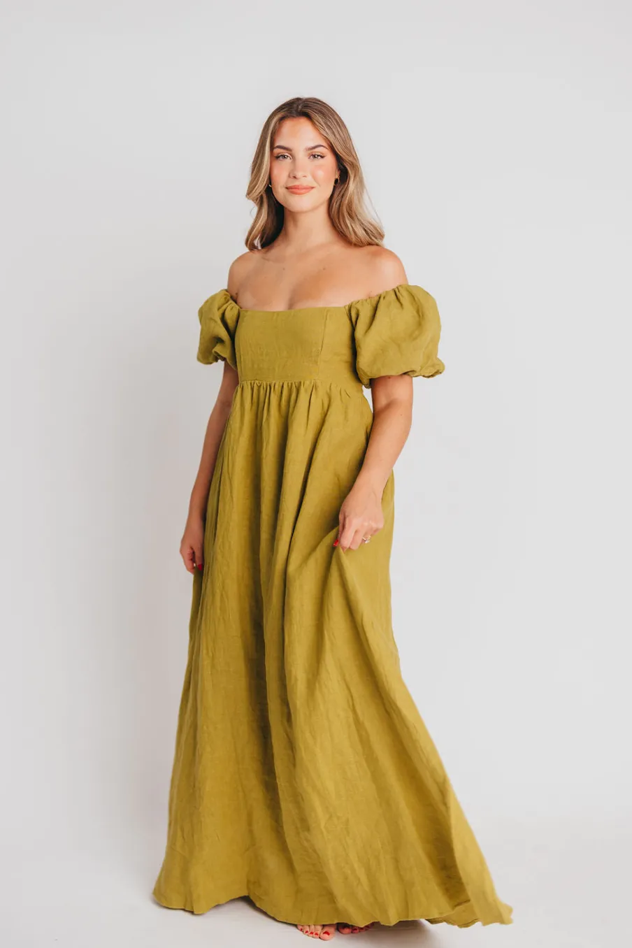 Hot Worth Collective Candace Maxi Dress in Olive - 100% Linen - Bump Friendly