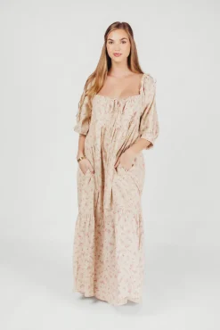 Online Worth Collective Cara 100% Cotton Maxi Dress in Pink/Brown Floral
