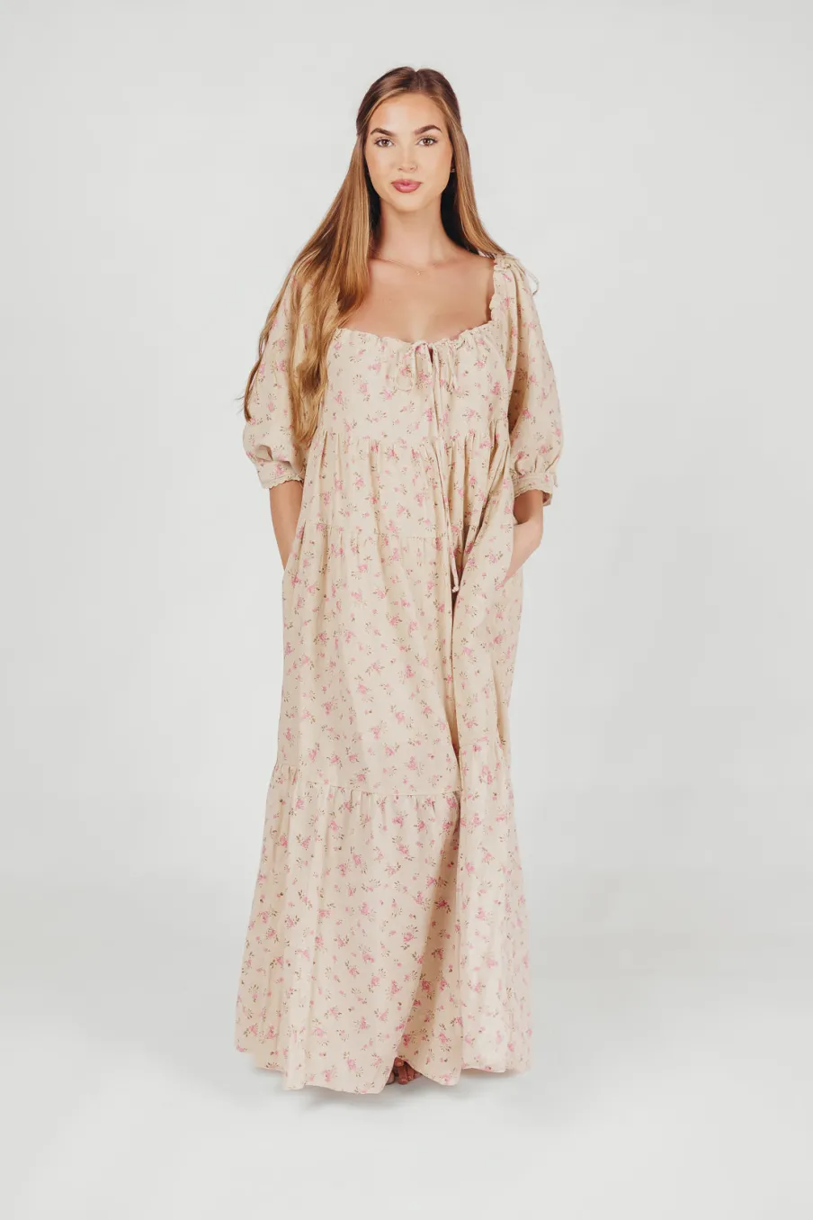 Online Worth Collective Cara 100% Cotton Maxi Dress in Pink/Brown Floral
