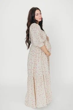 Online Worth Collective Cara 100% Cotton Maxi Dress in Pink/Brown Floral