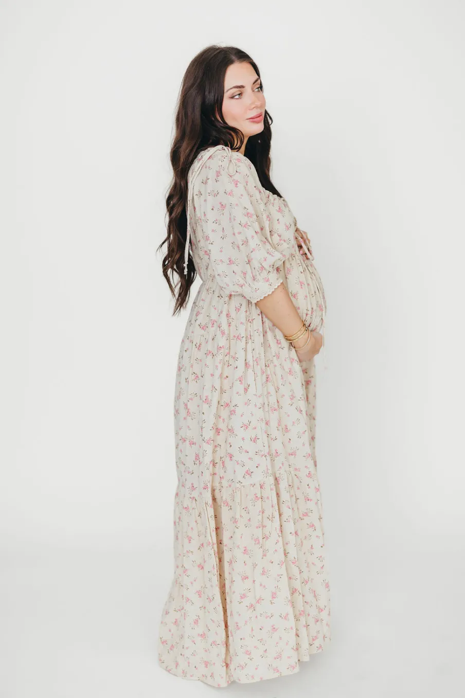 Online Worth Collective Cara 100% Cotton Maxi Dress in Pink/Brown Floral