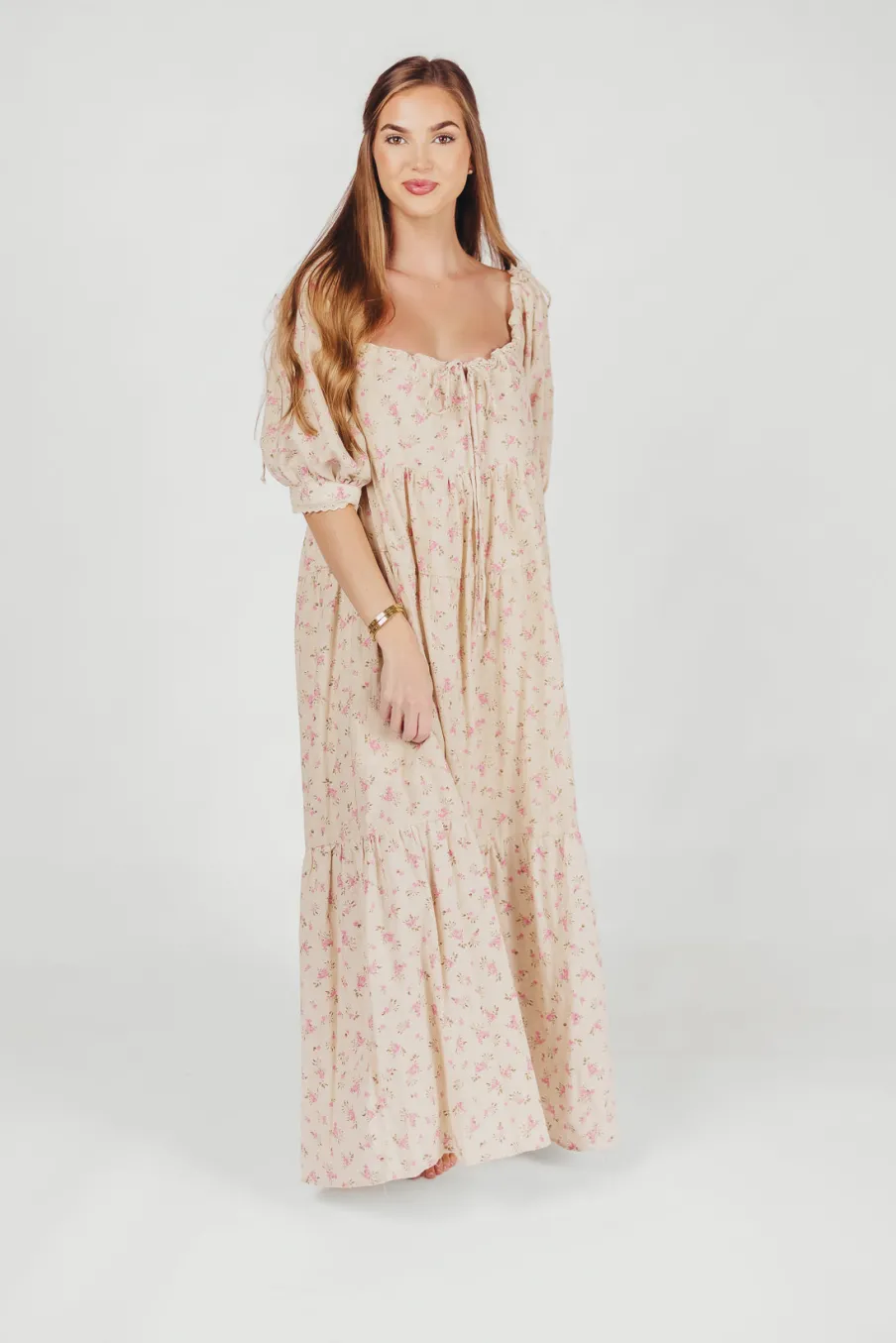 Online Worth Collective Cara 100% Cotton Maxi Dress in Pink/Brown Floral