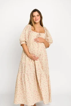 Online Worth Collective Cara 100% Cotton Maxi Dress in Pink/Brown Floral