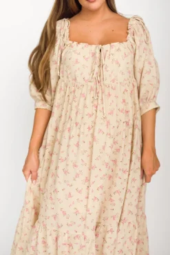 Online Worth Collective Cara 100% Cotton Maxi Dress in Pink/Brown Floral