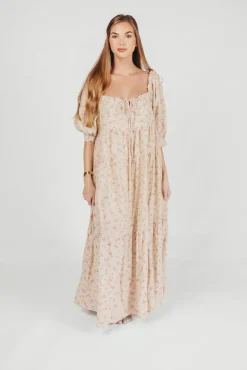 Online Worth Collective Cara 100% Cotton Maxi Dress in Pink/Brown Floral