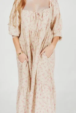 Online Worth Collective Cara 100% Cotton Maxi Dress in Pink/Brown Floral