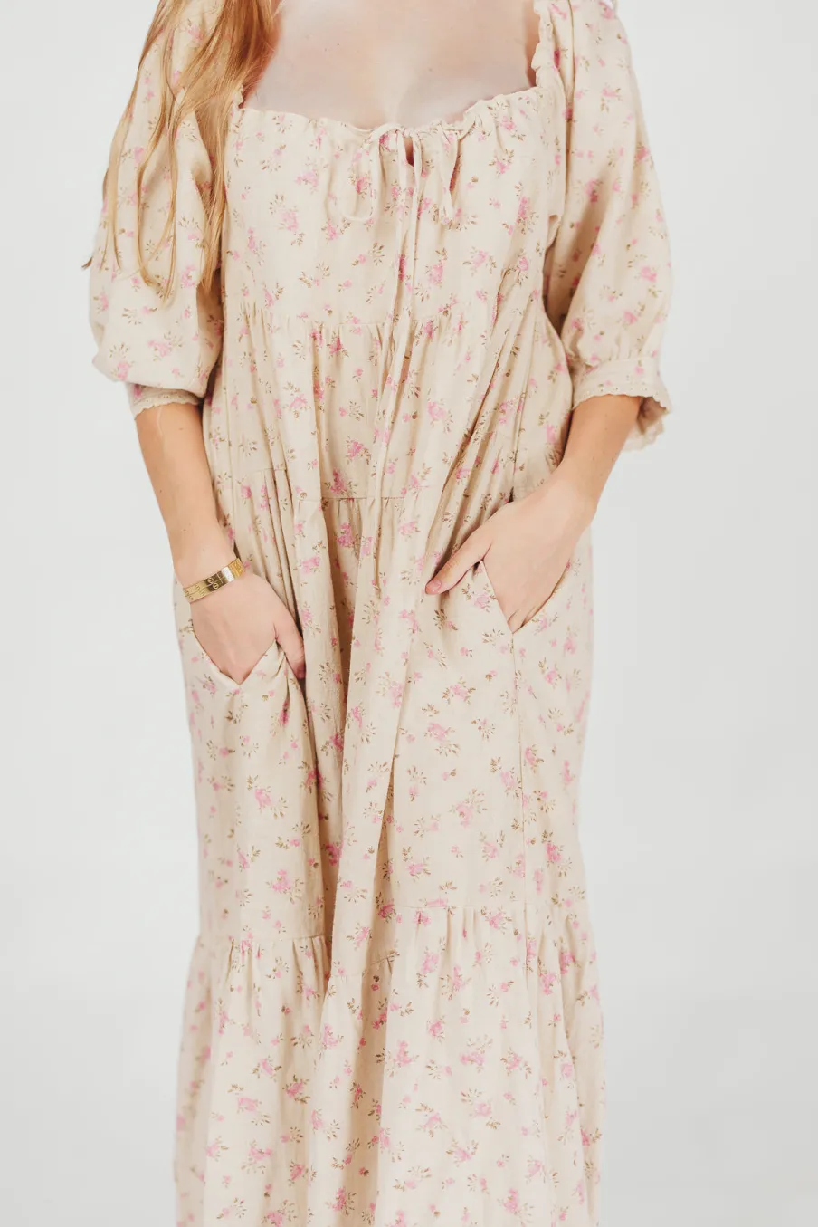Online Worth Collective Cara 100% Cotton Maxi Dress in Pink/Brown Floral
