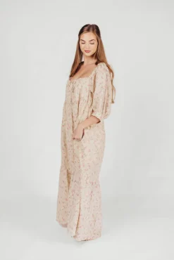 Online Worth Collective Cara 100% Cotton Maxi Dress in Pink/Brown Floral