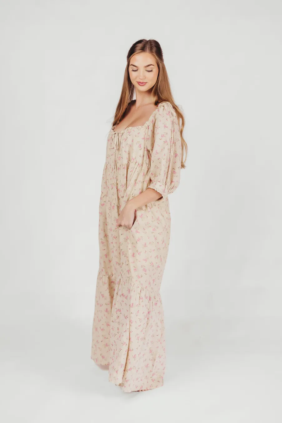 Online Worth Collective Cara 100% Cotton Maxi Dress in Pink/Brown Floral