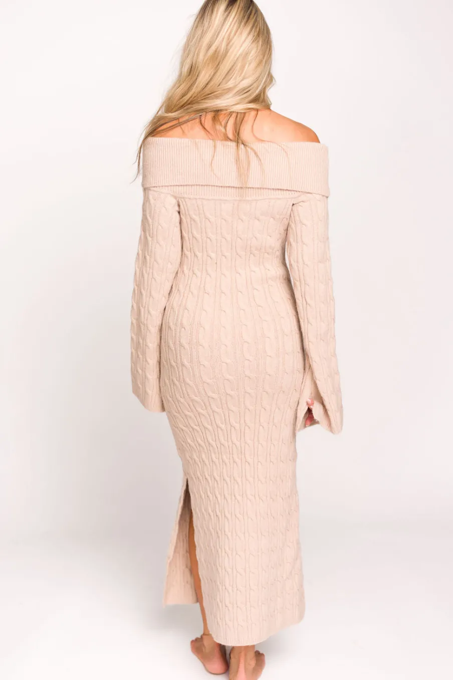 Best Worth Collective Carley Off-the-Shoulder Cable Knit Maxi Dress in Oatmeal