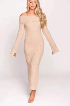 Best Worth Collective Carley Off-the-Shoulder Cable Knit Maxi Dress in Oatmeal