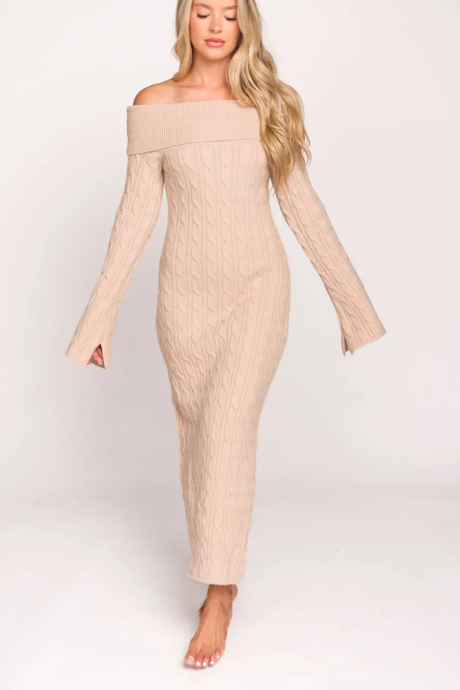 Best Worth Collective Carley Off-the-Shoulder Cable Knit Maxi Dress in Oatmeal