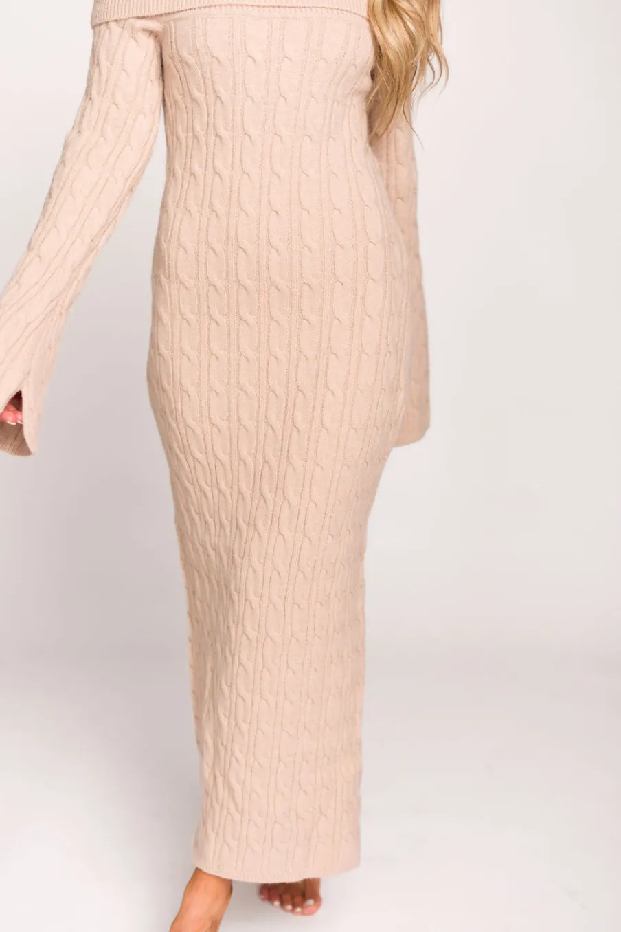 Best Worth Collective Carley Off-the-Shoulder Cable Knit Maxi Dress in Oatmeal