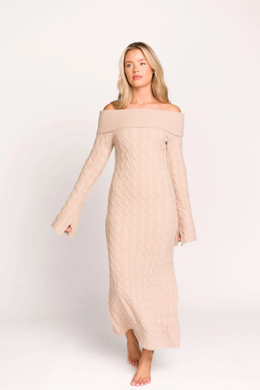 Best Worth Collective Carley Off-the-Shoulder Cable Knit Maxi Dress in Oatmeal