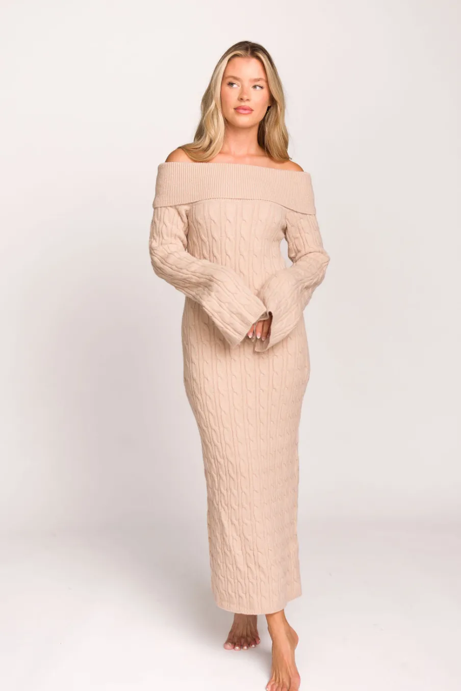 Best Worth Collective Carley Off-the-Shoulder Cable Knit Maxi Dress in Oatmeal